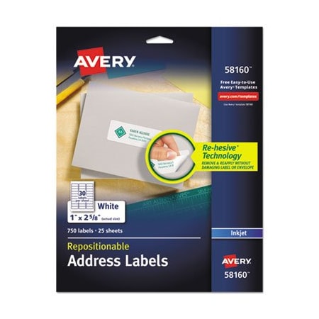 Avery Dennison Avery, REPOSITIONABLE ADDRESS LABELS W/SUREFEED, INKJET/LASER, 1 X 2 5/8, WHITE, 750PK 58160